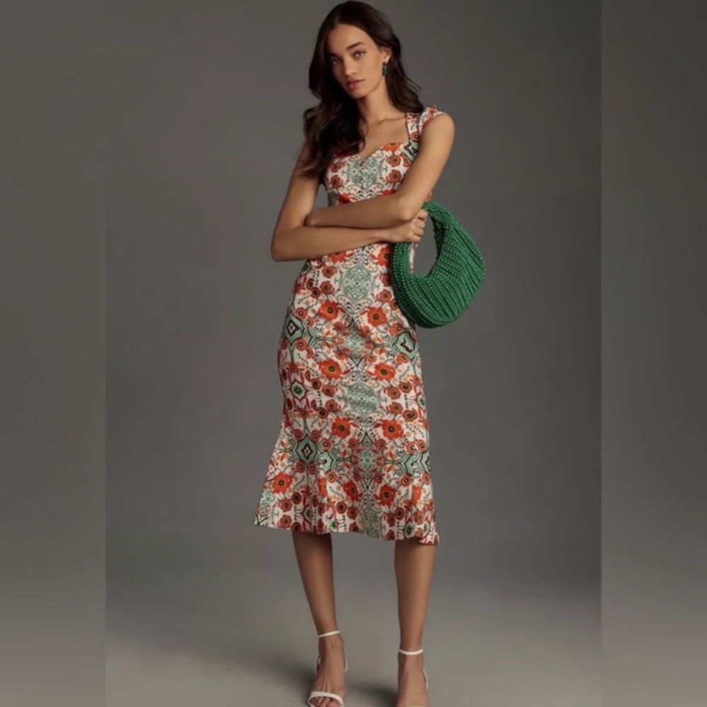 Anthropologie Cecily Fit and Flare Dress Orange Motif